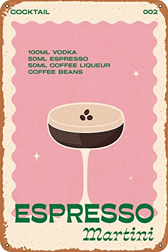 Decleezw Cocktail Espresso Martini Metal Signs Retro Print Wall Art Illustration Poster Bar Kitchen Room Decor 12x8 inch, 8inch*12inch