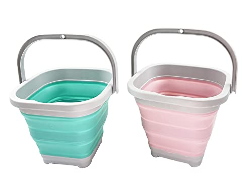 SAMMART 5L (1.3 Gallon) Collapsible Rectangular Handy Basket / Bucket (Pale Pink + Pine (Set of 2))