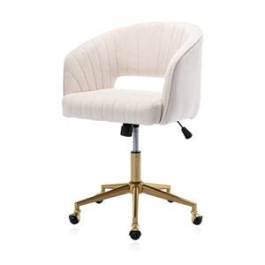 kiztir velvet home office chair, modern swivel desk chair with gold base, round solid wheel, adjustable vanity chair for study, living room, bedroom (beige)