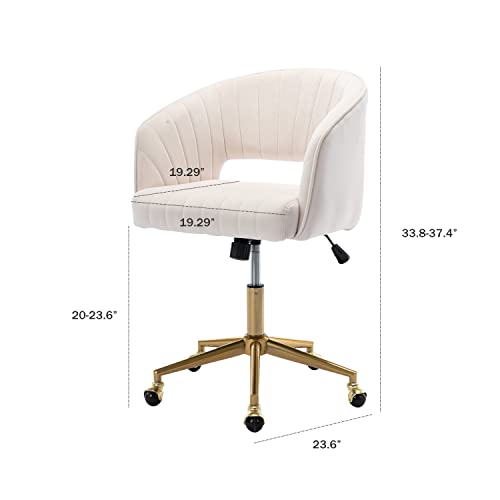 Kiztir Velvet Home Office Chair, Modern Swivel Desk Chair with Gold Base, Round Solid Wheel, Adjustable Vanity Chair for Study, Living Room, Bedroom (Beige)