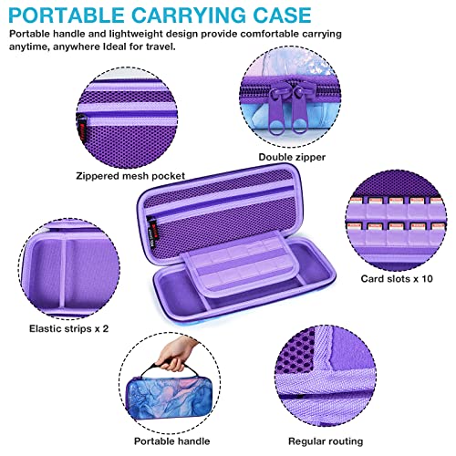 molshine Carrying Case Compatible with Nintendo Switch OLED Model 2021/Switch 2017,Hard Shell Shockproof Protective Cover Travel Bag with Handle/10 Game Cartridges for Console Joy-Con (Purple Wave)