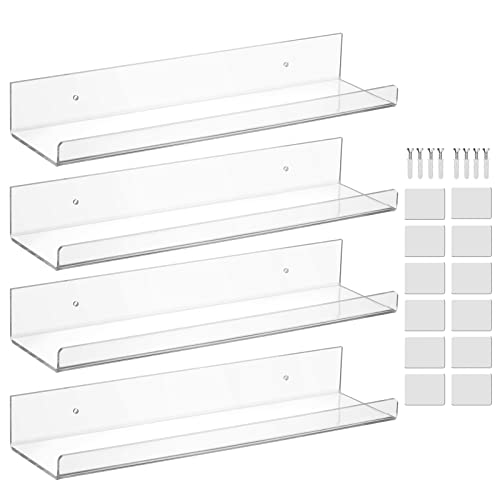 LUOBAO Acrylic 15" Invisible Floating Wall Ledge Display Shelves,Floating Wall Bookshelf,Nail Polish Rack,Wall Mounted Shelf,Clear (4 Pack - 4mm)