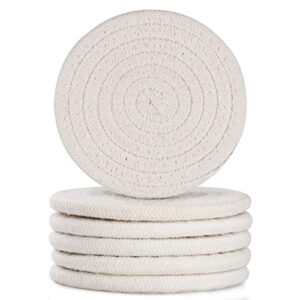 geeric 6 pcs bar coasters for drinks, handmade braided woven drink coaster set, beermat beverage coaster 4.3” non slip coasters, white