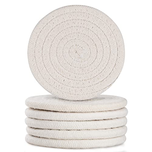 GeeRic 6 Pcs Bar Coasters for Drinks, Handmade Braided Woven Drink Coaster Set, Beermat Beverage Coaster 4.3” Non Slip Coasters, White