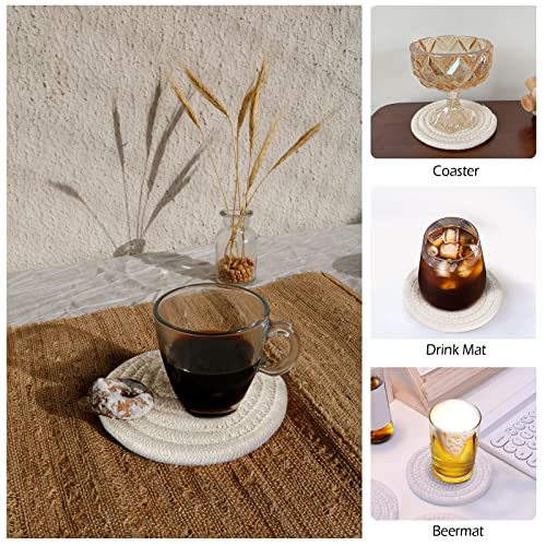 GeeRic 6 Pcs Bar Coasters for Drinks, Handmade Braided Woven Drink Coaster Set, Beermat Beverage Coaster 4.3” Non Slip Coasters, White