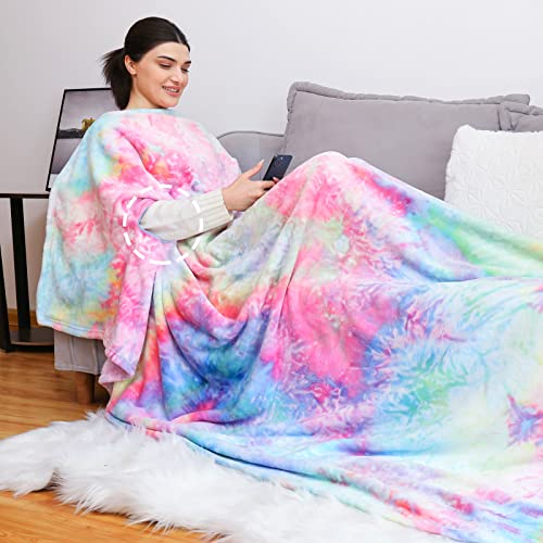 Elegear Tie Dye Hug Throw TV Blanket - Lazy Phone Blankets Keep Your Hands Free, Soft Fleece Wrap Blankets for Couch/Bed, Cozy Fuzzy Blankets As Valentines Birthday Gifts for Mom/Adult/Women/Men/Kids