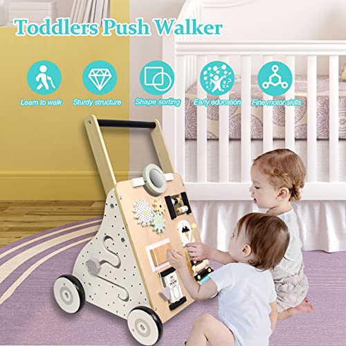 MICKYU Wooden Baby Walker, Baby Activity Center Toys Push Walker Learning to Walk, First 1st Birthday Gift for Toddlers Boys Girls