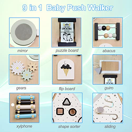 MICKYU Wooden Baby Walker, Baby Activity Center Toys Push Walker Learning to Walk, First 1st Birthday Gift for Toddlers Boys Girls