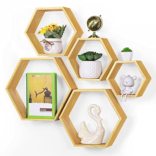 Hexagon Shelves Wall Floating Hexagonal Shelves Set of 5 Honeycomb Bamboo Shelves Floating Storage Display Shelves for Wall Decor Honey Comb Shelf Farmhouse Hexagon Rack in Living Room Bedroom Study