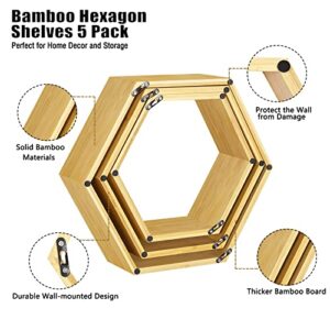 Hexagon Shelves Wall Floating Hexagonal Shelves Set of 5 Honeycomb Bamboo Shelves Floating Storage Display Shelves for Wall Decor Honey Comb Shelf Farmhouse Hexagon Rack in Living Room Bedroom Study