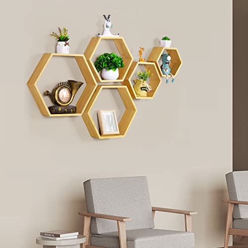 Hexagon Shelves Wall Floating Hexagonal Shelves Set of 5 Honeycomb Bamboo Shelves Floating Storage Display Shelves for Wall Decor Honey Comb Shelf Farmhouse Hexagon Rack in Living Room Bedroom Study