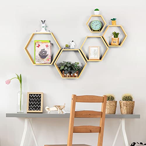 Hexagon Shelves Wall Floating Hexagonal Shelves Set of 5 Honeycomb Bamboo Shelves Floating Storage Display Shelves for Wall Decor Honey Comb Shelf Farmhouse Hexagon Rack in Living Room Bedroom Study