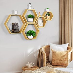 Hexagon Shelves Wall Floating Hexagonal Shelves Set of 5 Honeycomb Bamboo Shelves Floating Storage Display Shelves for Wall Decor Honey Comb Shelf Farmhouse Hexagon Rack in Living Room Bedroom Study