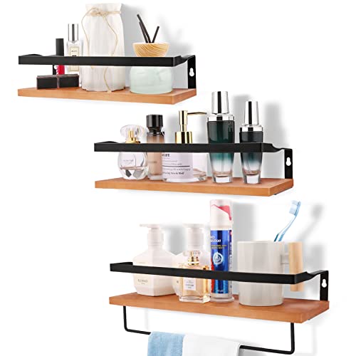 Floating Shelves, Set of 3 Bathroom Shelf with Towel Bar, Rustic Wood Wall-Mounted Display Storage Wall Shelves, Hanging Shelves for Living Room/Bathroom/Kitchen/Bedroom/Office