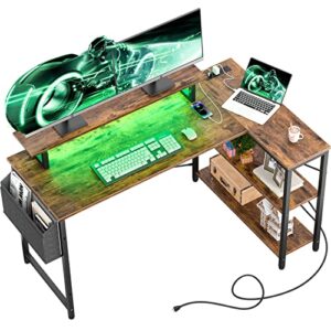 homieasy l shaped computer desk with led strip & power strip, 55 inch corner desk with monitor stand reversible storage shelves, modern simple home office gaming desk with storage bag(rustic brown)