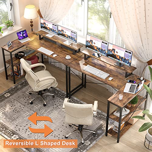 Homieasy L Shaped Computer Desk with LED Strip & Power Strip, 55 Inch Corner Desk with Monitor Stand Reversible Storage Shelves, Modern Simple Home Office Gaming Desk with Storage Bag(Rustic Brown)