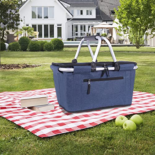 SIYUAN Picnic Basket, 27L Portable Collapsible Basket with Handle, Leakproof Insulated Picnic Cooler Strong Aluminium Frame Shopping Basket for Fishing,Camping,Travel,1 Pack,Blue