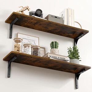 ezfurni 31.5” large floating shelves wood for wall, set of 2 wider floating wall shelves for wall decor,solid wall shelves for bedroom,kitchen, versatile wall mounted shelves,rustic brown