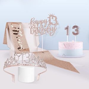bean lieve 13th birthday decorations – including 13th birthday sash, 13th birthday diamond crown/tiara, birthday candles and cake toppers, rose gold maiden gift 13th birthday celebration.