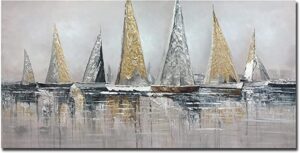 [spring big sales] paviliart golden & silver sailboats at the shore, size 24″ x 48″, hand painted abstract seascape, palette knife oil painting on canvas, wall art decoration, wood inside framed , easy hanging in living room
