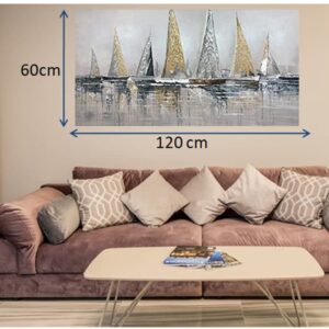 [SPRING BIG SALES] PAVILIART Golden & Silver Sailboats at the shore, Size 24" x 48", Hand Painted Abstract Seascape, Palette Knife Oil Painting on Canvas, Wall Art Decoration, Wood inside framed , Easy Hanging in Living Room