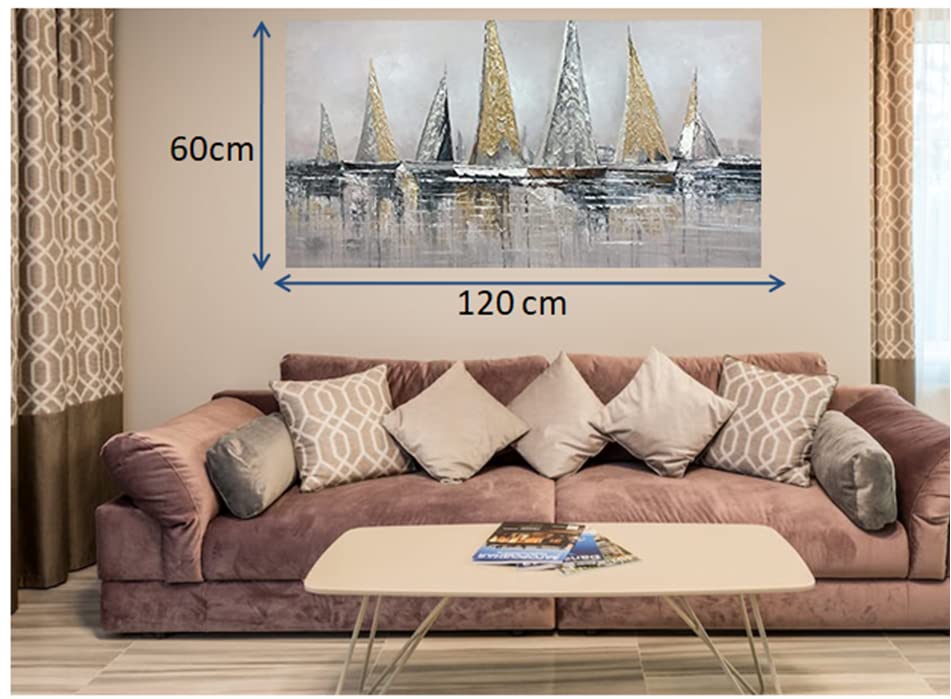 [SPRING BIG SALES] PAVILIART Golden & Silver Sailboats at the shore, Size 24" x 48", Hand Painted Abstract Seascape, Palette Knife Oil Painting on Canvas, Wall Art Decoration, Wood inside framed , Easy Hanging in Living Room