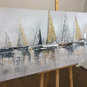 [SPRING BIG SALES] PAVILIART Golden & Silver Sailboats at the shore, Size 24" x 48", Hand Painted Abstract Seascape, Palette Knife Oil Painting on Canvas, Wall Art Decoration, Wood inside framed , Easy Hanging in Living Room