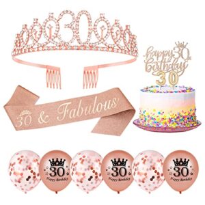 chenkaiyang 30th birthday decorations, birthday crown and sash for girls rhinestone tiara set rose gold party decors including candles, cake toppers and balloons 30th birthday gifts for girls