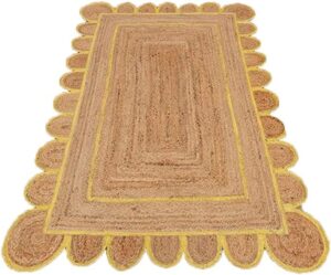 the rug cafe natural scalloped jute area rug bohemian scallop boho decor area handwoven custom rugs decorative rug natural base off color trim reversible braided woven rugs (yellow 3 x 5 feet)