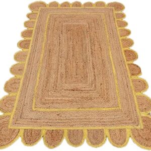 THE RUG CAFE Natural Scalloped Jute Area Rug Bohemian Scallop Boho Decor Area Handwoven Custom Rugs Decorative Rug Natural Base Off Color Trim Reversible Braided Woven Rugs (Yellow 3 X 5 Feet)