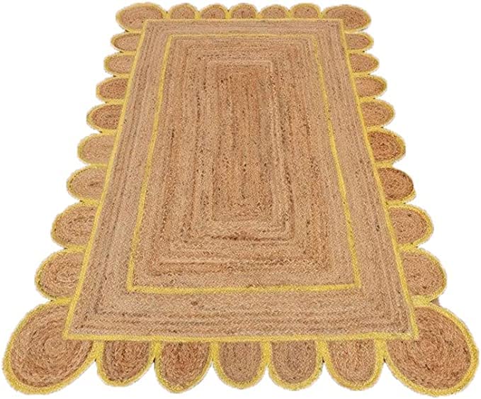 THE RUG CAFE Natural Scalloped Jute Area Rug Bohemian Scallop Boho Decor Area Handwoven Custom Rugs Decorative Rug Natural Base Off Color Trim Reversible Braided Woven Rugs (Yellow 3 X 5 Feet)