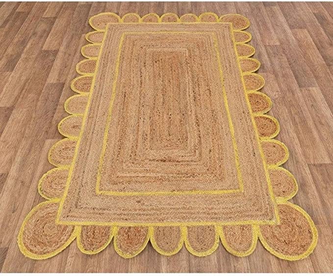 THE RUG CAFE Natural Scalloped Jute Area Rug Bohemian Scallop Boho Decor Area Handwoven Custom Rugs Decorative Rug Natural Base Off Color Trim Reversible Braided Woven Rugs (Yellow 3 X 5 Feet)