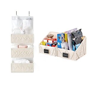 mkono macrame over the door organizer and small macrame storage basket for bedroom living room nursery dorm, ivory, set of 3