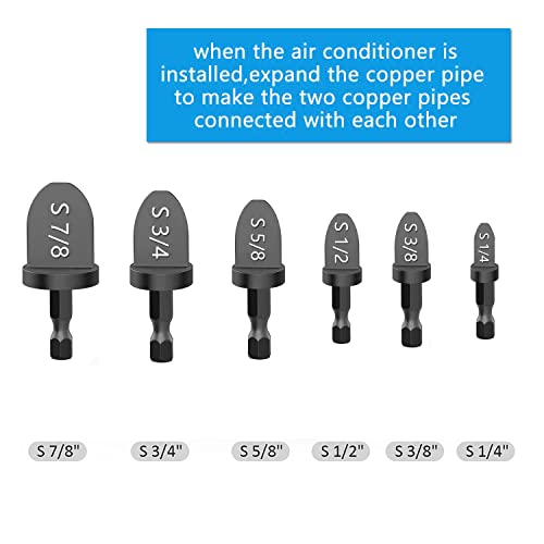 6PCS Hex Handle HVAC Repairing Set Air Conditioner Copper Tube Expander Swaging Tool Drill Bits Set with 1/4''， 3/8''，1/2''， 5/8''，3/4''，7/8''