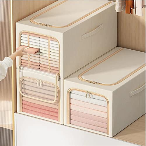 Clothes Storage Organizer Bins Containers, Waterproof Cotton Linen Steel Frame Storage Box, Stackable Storage Bins for Clothing Storage with Clear Window & Reinforced Handles, 1PC (31L, beige)