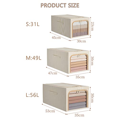 Clothes Storage Organizer Bins Containers, Waterproof Cotton Linen Steel Frame Storage Box, Stackable Storage Bins for Clothing Storage with Clear Window & Reinforced Handles, 1PC (31L, beige)