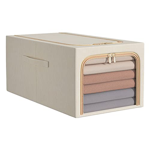 Clothes Storage Organizer Bins Containers, Waterproof Cotton Linen Steel Frame Storage Box, Stackable Storage Bins for Clothing Storage with Clear Window & Reinforced Handles, 1PC (31L, beige)