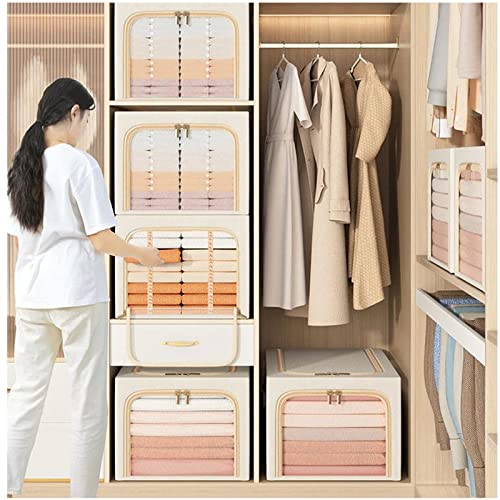 Clothes Storage Organizer Bins Containers, Waterproof Cotton Linen Steel Frame Storage Box, Stackable Storage Bins for Clothing Storage with Clear Window & Reinforced Handles, 1PC (31L, beige)