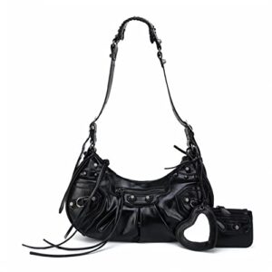 pododnoe women’s punk style rivet satchel handbags – pu leather shoulder purses with half moon underarm and hobo bags (black)