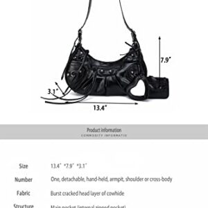 PODODNOE Women's Punk Style Rivet Satchel Handbags - PU Leather Shoulder Purses with Half Moon Underarm and Hobo Bags (Black)