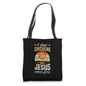 i love chickens but jesus comes first funny christian tote bag