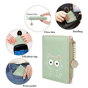 CONISY Cute Wallets for Women, Leather RFID Blocking Small Bifold Wallet with Zipper Coin Purse for Girls and Ladies Womens Wallet (Cat Green)