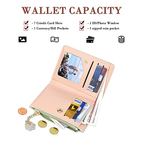 CONISY Cute Wallets for Women, Leather RFID Blocking Small Bifold Wallet with Zipper Coin Purse for Girls and Ladies Womens Wallet (Cat Green)