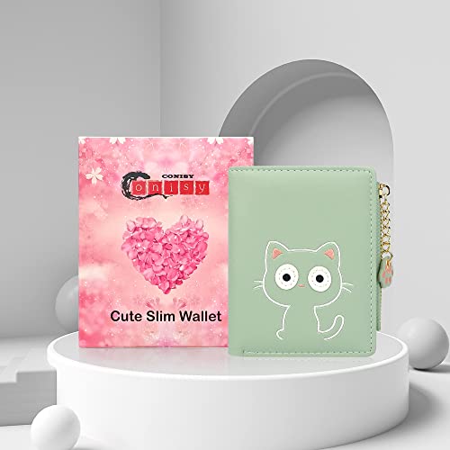 CONISY Cute Wallets for Women, Leather RFID Blocking Small Bifold Wallet with Zipper Coin Purse for Girls and Ladies Womens Wallet (Cat Green)