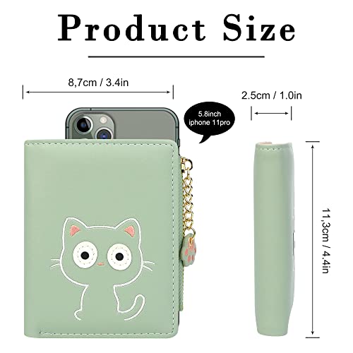 CONISY Cute Wallets for Women, Leather RFID Blocking Small Bifold Wallet with Zipper Coin Purse for Girls and Ladies Womens Wallet (Cat Green)