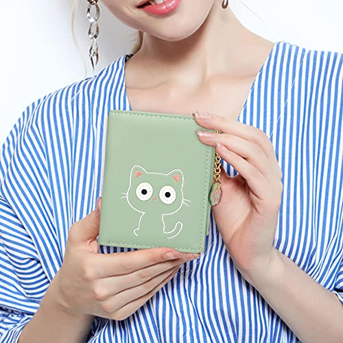 CONISY Cute Wallets for Women, Leather RFID Blocking Small Bifold Wallet with Zipper Coin Purse for Girls and Ladies Womens Wallet (Cat Green)