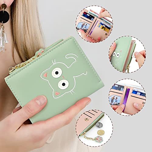 CONISY Cute Wallets for Women, Leather RFID Blocking Small Bifold Wallet with Zipper Coin Purse for Girls and Ladies Womens Wallet (Cat Green)