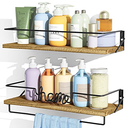 SRIWATANA Bathroom Shelves Wall Mounted, Rustic Floating Shelves with Tower Bar and Metal Frame, Farmhouse Wall Shelves for Bathroom, Bedroom, Living Room, Kitchen, Office