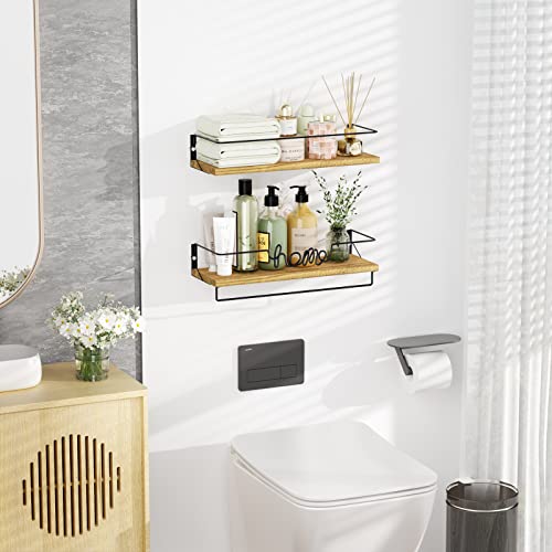 SRIWATANA Bathroom Shelves Wall Mounted, Rustic Floating Shelves with Tower Bar and Metal Frame, Farmhouse Wall Shelves for Bathroom, Bedroom, Living Room, Kitchen, Office