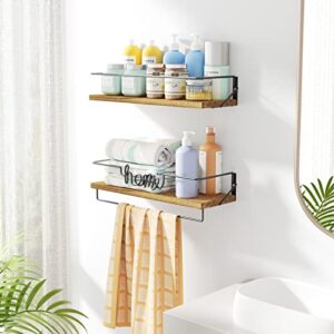 SRIWATANA Bathroom Shelves Wall Mounted, Rustic Floating Shelves with Tower Bar and Metal Frame, Farmhouse Wall Shelves for Bathroom, Bedroom, Living Room, Kitchen, Office